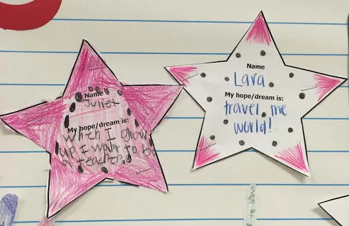 two stars showing students' names and their hopes/dreams